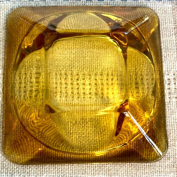 Vintage Amber Cut Glass Ashtray – 4.75” Square Mid-Century Modern - Picture 5 of 14